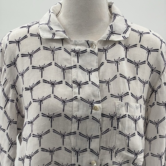 Roberta Freymann Linen Popover Long Sleeve Stamped Dragonfly Tunic Top - Sz XS - Picture 2 of 8
